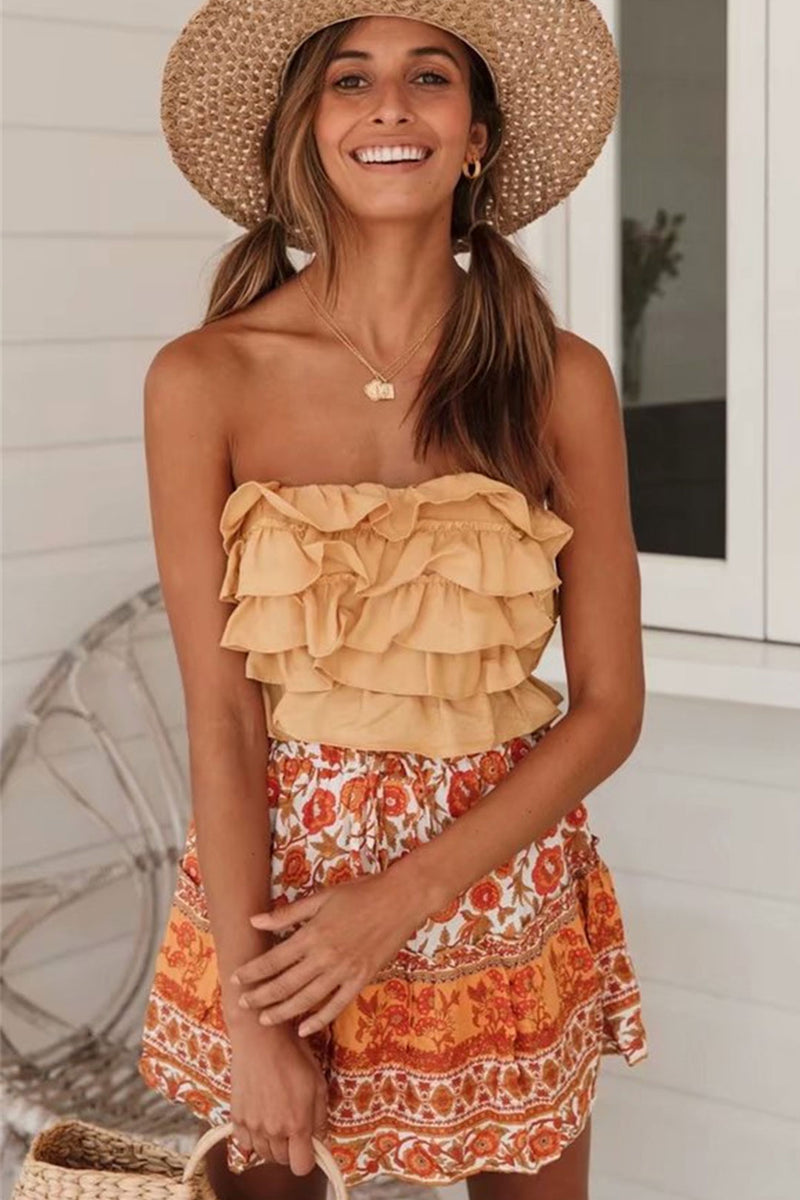 Boho Mini Skirt – “Honey Flower” Floral Print Beach Skirt in Teal & Rust Orange