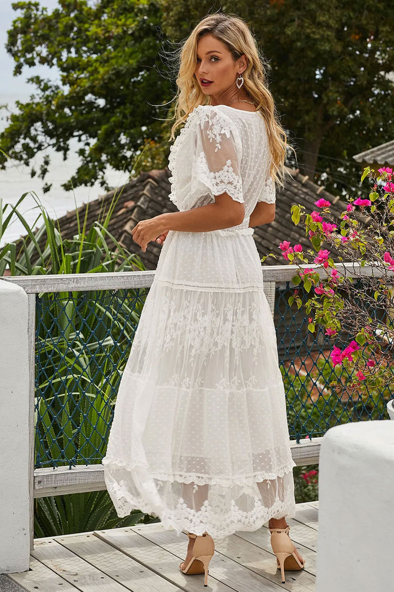 Women s Maxi long Dress Boho Dress Lace Dress White Dress Elegant Romantic Boho Beach Vacation Holiday Regular Fit Pure Color Short Sleeve V Neck Women s Maxi long Dress Boho Dress Lace Dress White Dress Elegant Romantic Boho Beach Vacation Holiday Regular Fit Pure Color Short Sleeve V Neck