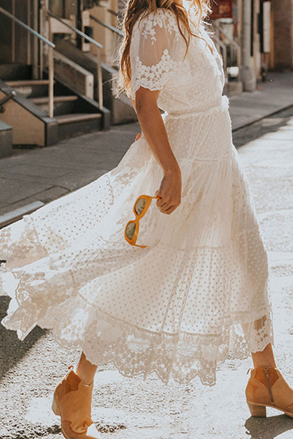 white boho maxi dress Women s Maxi long Dress Boho Dress Lace Dress White Dress Elegant Romantic Boho Beach Vacation Holiday Regular Fit Pure Color Short Sleeve V Neck