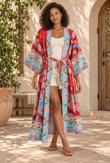 Kelly Red long open-front floral kimono robe with turquoise borders — styled on an AI-generated model