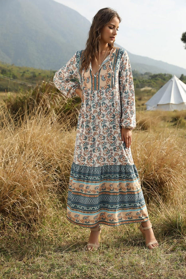 Boho Maxi Dress – “Desert Mosaic” Long Sleeve Printed Gown in Dusty  & Red
