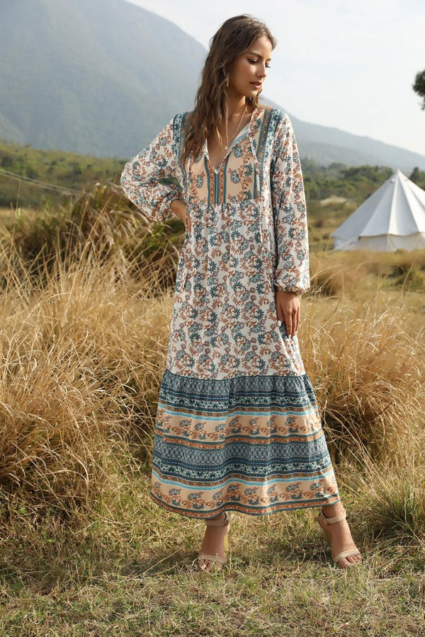 Boho Maxi Dress – “Desert Mosaic” Long Sleeve Printed Gown in Dusty  & Red
