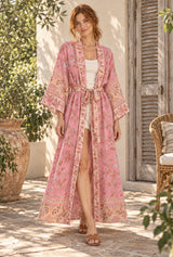 Carina Rose Pink long kimono robe — styled on an AI-generated model