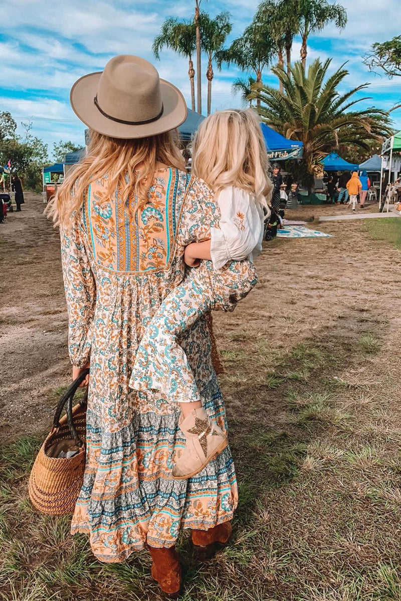 Boho Maxi Dress – “Desert Mosaic” Long Sleeve Printed Gown in Red & Dusty