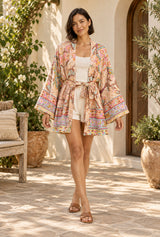 Sweet Vintage beige/blush floral short kimono robe — styled on an AI-generated model