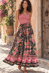 Eulalie Black Pink Flower boho maxi skirt — editorial cover