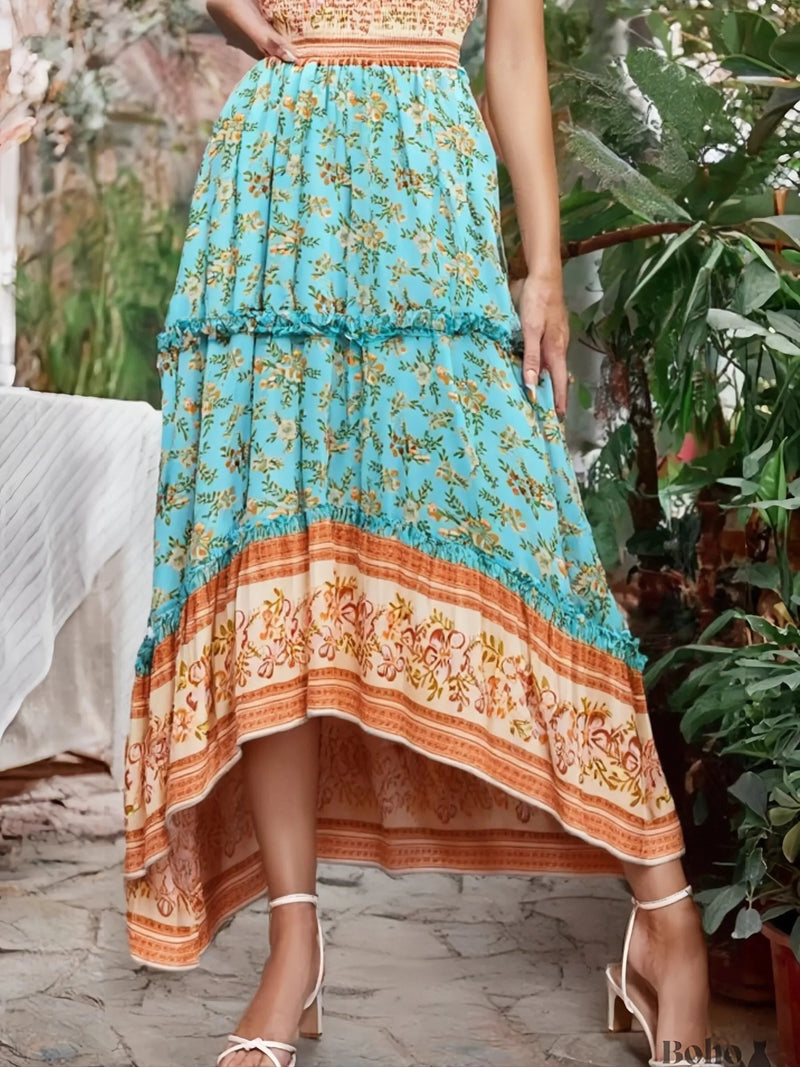 Boho Maxi Skirt – “Aqua Bloom” 2-Way Floral Skirt Dress in Teal and Terracotta