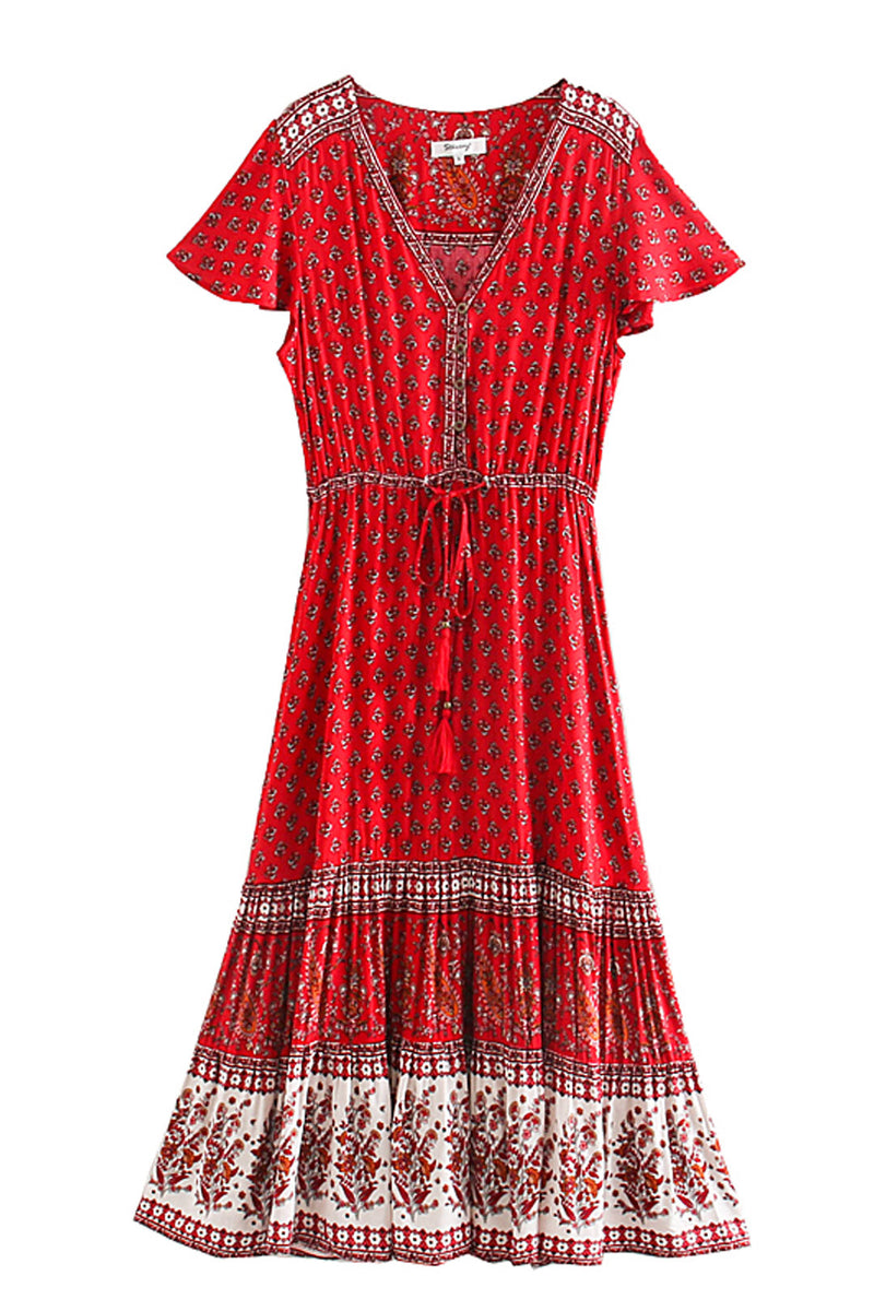 Bohemian Mini Dress Rosy Caravan Flowy Red Floral Dress Summer Sundress in Red & Sand beige / M Bohemian Mini Dress Rosy Caravan Flowy Red Floral Dress Summer Sundress in Red & Sand beige / M