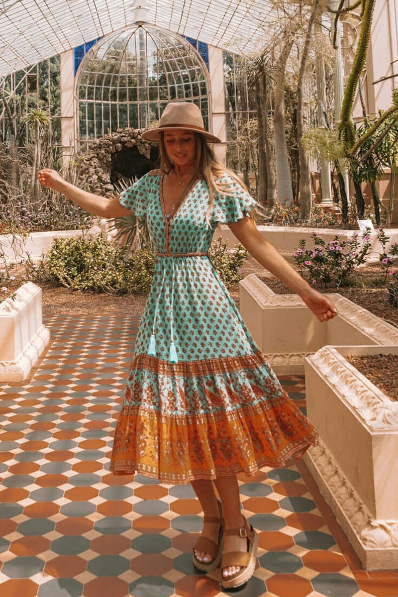 Bohemian Maxi Dress – “Terracotta Breeze” Flowy Summer Dress in Mint a – Wild Rose Boho