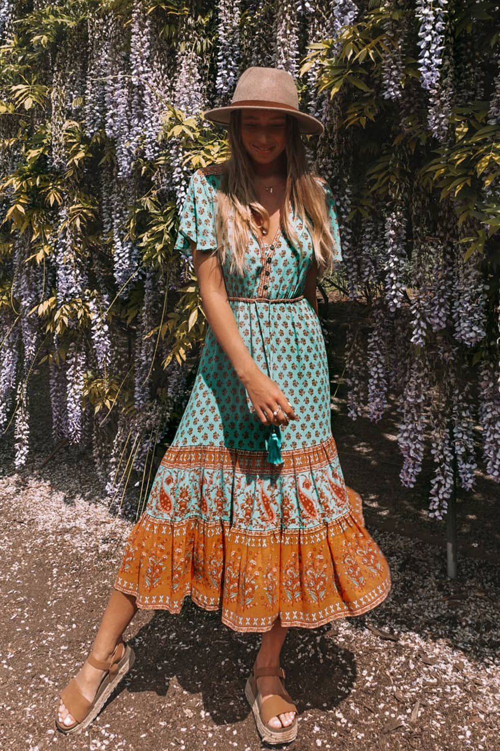 Bohemian Maxi Dress – “Terracotta Breeze” Flowy Summer Dress in Mint and Pink