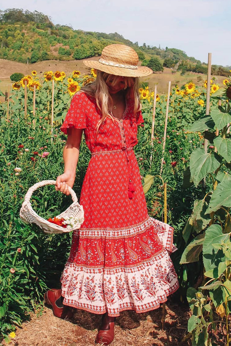 Bohemian Mini Dress Rosy Caravan Flowy Red Floral Dress Summer Sundress in Red & Sand beige / M Bohemian Mini Dress Rosy Caravan Flowy Red Floral Dress Summer Sundress in Red & Sand beige / M