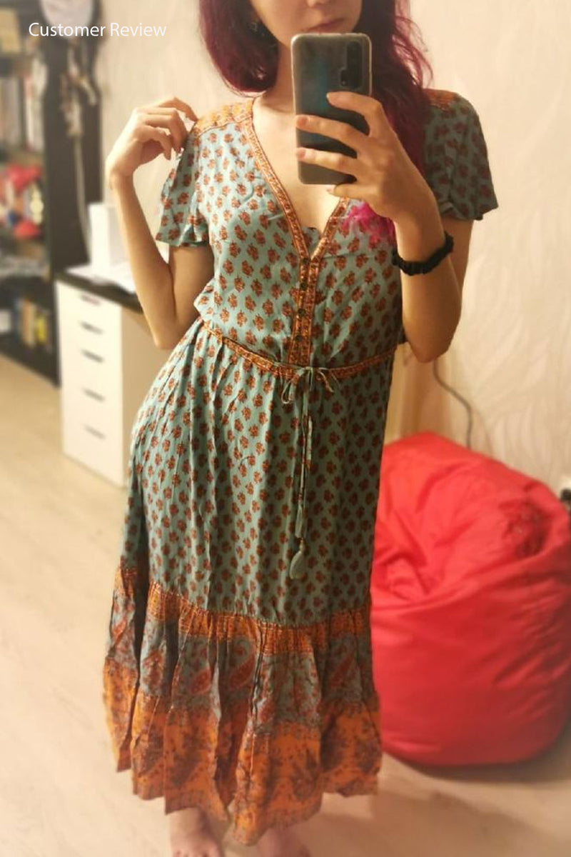 Bohemian Maxi Dress – “Terracotta Breeze” Flowy Summer Dress in Mint a – Wild Rose Boho