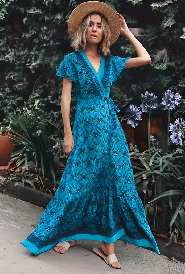 Boho Maxi Wrap Dress – Flowy Turquoise Sundress for Summer Isla