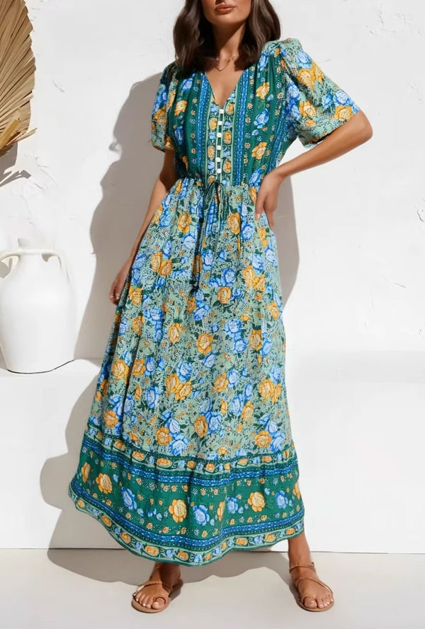 Boho Chic Maxi Dress – Floral Print Summer Sundress Elowen in Purple, Green and Pink
