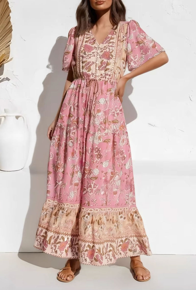 Boho Chic Maxi Dress – Pink Floral Print Summer Sundress Addison