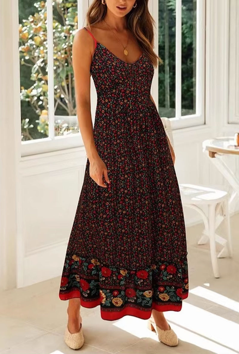 Bohemian Maxi Dress – Elara Floral Summer Dress for Women (Red, Beige, Black) Black / S