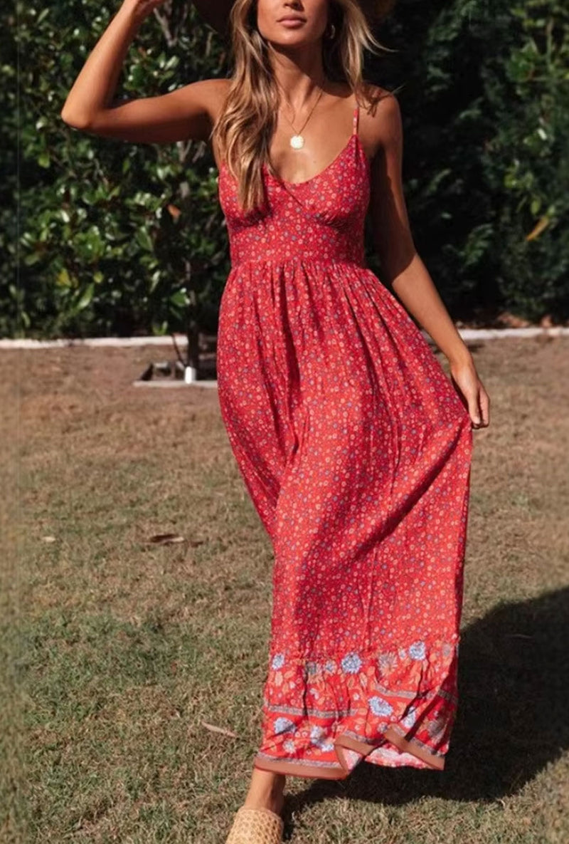 Bohemian Maxi Dress Elara Floral Summer Dress for Women (Red, Beige, Black), red / S Bohemian Maxi Dress Elara Floral Summer Dress for Women (Red, Beige, Black), red / S