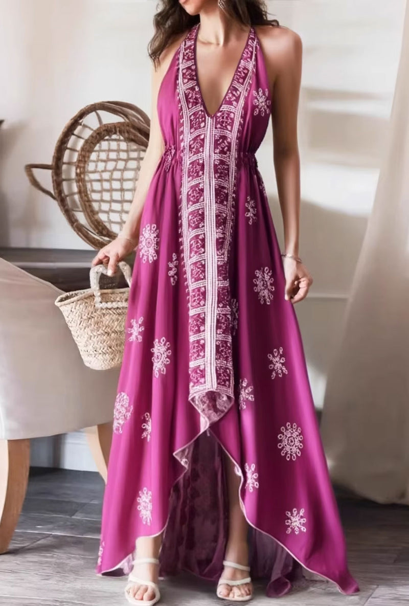 Bohemian Summer Maxi Dress Ayla Backless Flowy Halter Dress in Green, Purple, White, green / S Bohemian Summer Maxi Dress Ayla Backless Flowy Halter Dress in Green, Purple, White, green / S