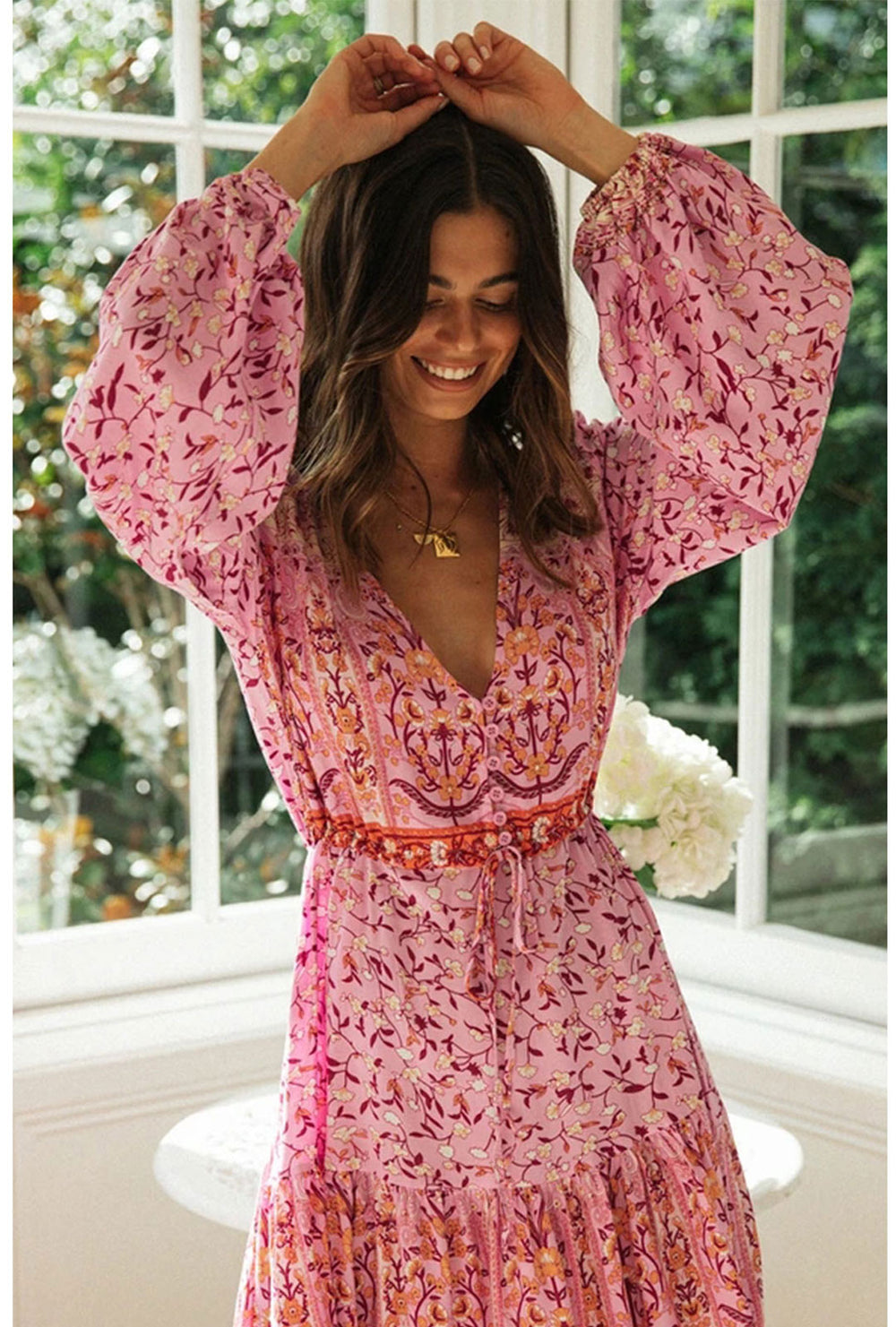 Boho Maxi Gown – “Vacation in Pink” Flowy Dress for Women – Wild Rose Boho Boho Maxi Gown – “Vacation in Pink” Flowy Dress for Women – Wild Rose Boho