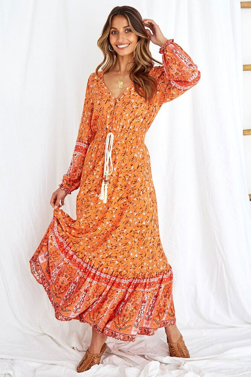 Boho Maxi Gown – “Vacation in Saffron” Flowy Dress for Women Fuchsia / L