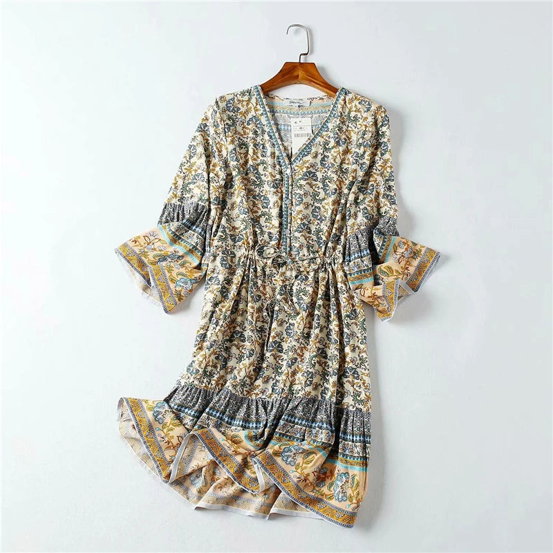 women's boho dress Boho Mini Dress – “Scarlet Nomad” Flowy Tribal Sundress in Rust Red kahaki / M