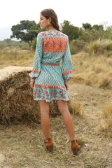 Boho Top for Women – Bohemian Blouse - “Tangerine Coast” Teal & Pink