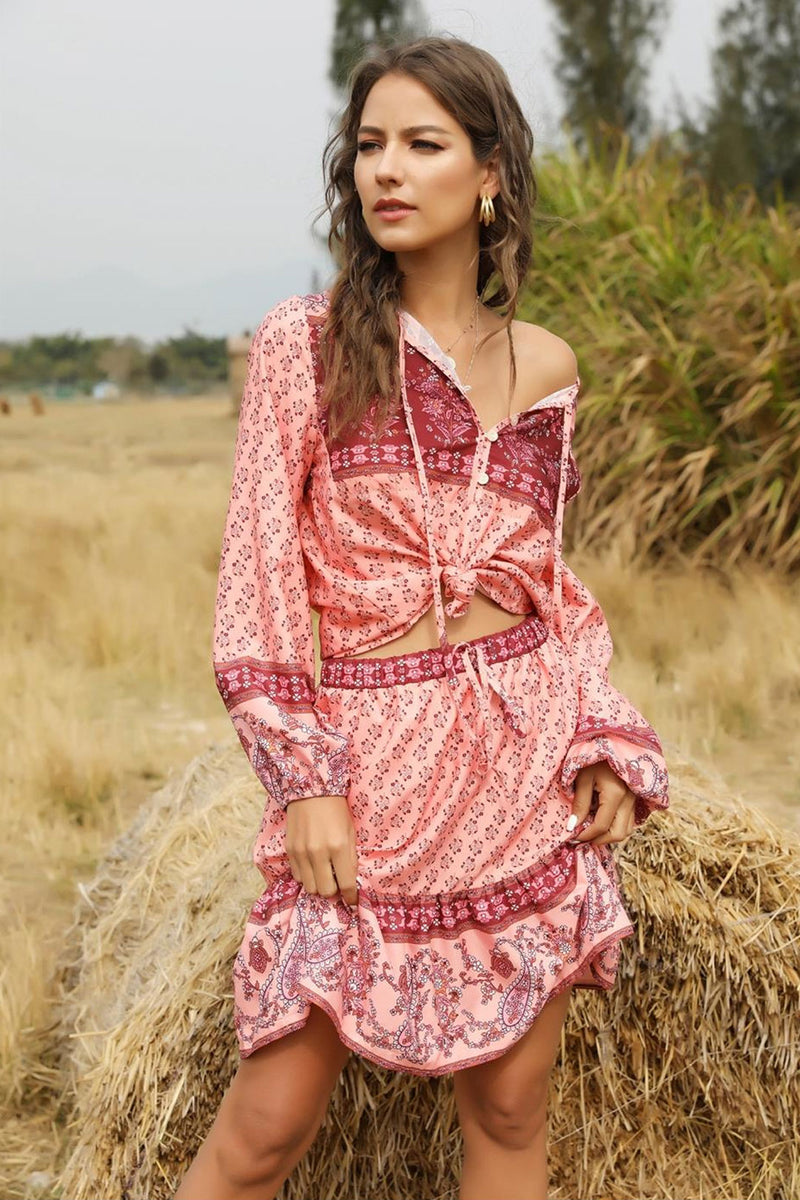 Boho Top for Women – Bohemian Blouse - “Tangerine Coast” Teal & Pink