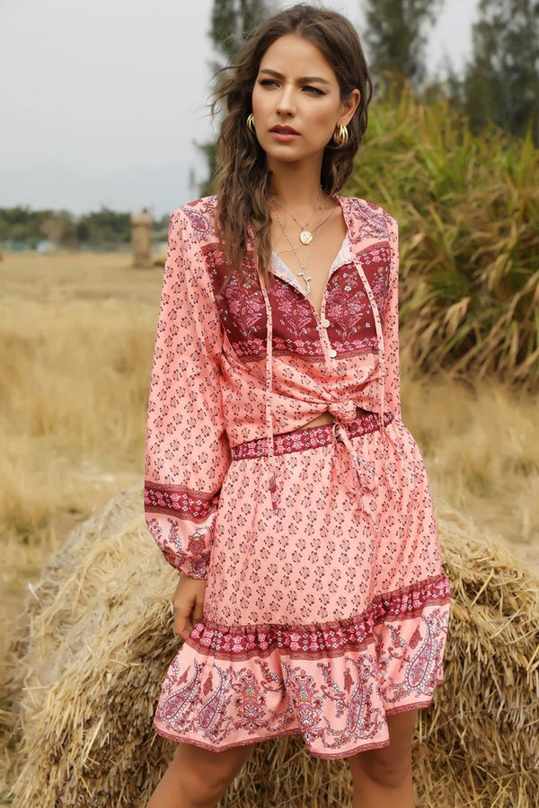 Boho Top for Women – Bohemian Blouse - “Tangerine Coast” Teal & Pink