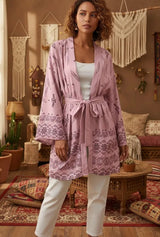 Boho Kimono Robe – “Dreamcatcher Lilac” Soft Loungewear Cover-Up with Bohemian Charm