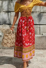 Boho Skirt, Hippie Skirts, Maxi Skirt, Verbena Flower in Red