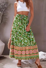 Happie Queens Summer Women Sun Floral Printed Beach Bohemian Maxi Skirt with Pockets Ladies Rayon Pleated Vacation Boho Skirts