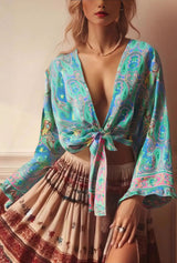 Boho Blouse – “Festival Muse” Floral Long Sleeve Tie Front Tope
