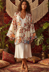 Boho Robe, Kimono Robe, Beach Cover up, Short Robe, Shelta White Floral