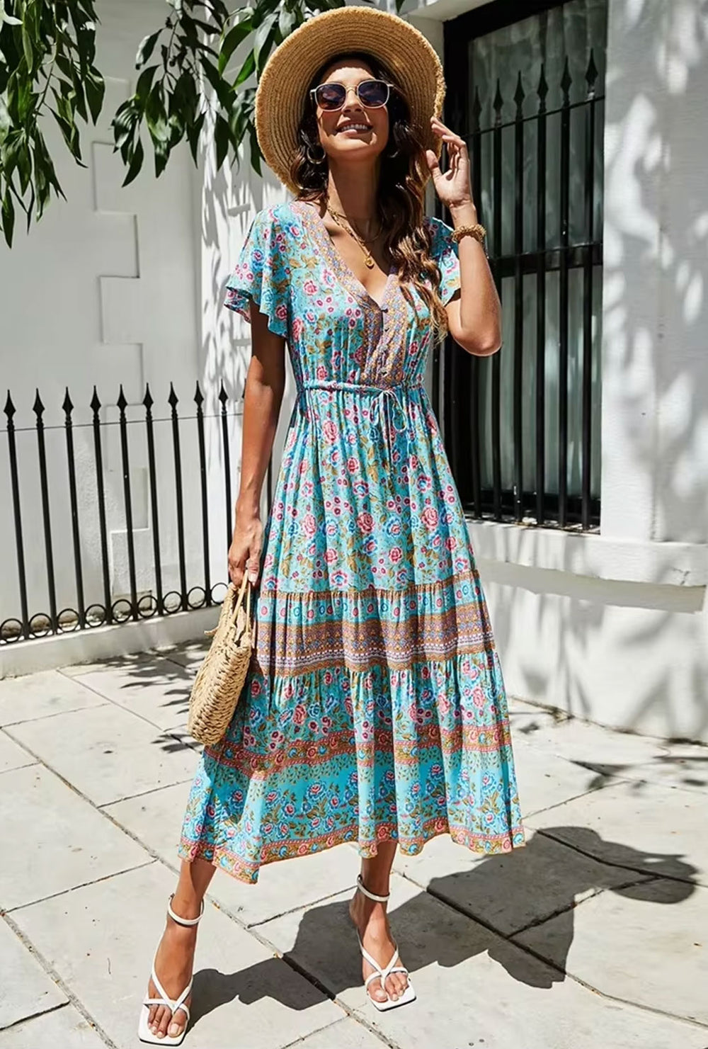 Boho Maxi Dress – Summer Dress – 'Seabreeze Bloom' Sundress in Blue, Pink & Green” light blue / M