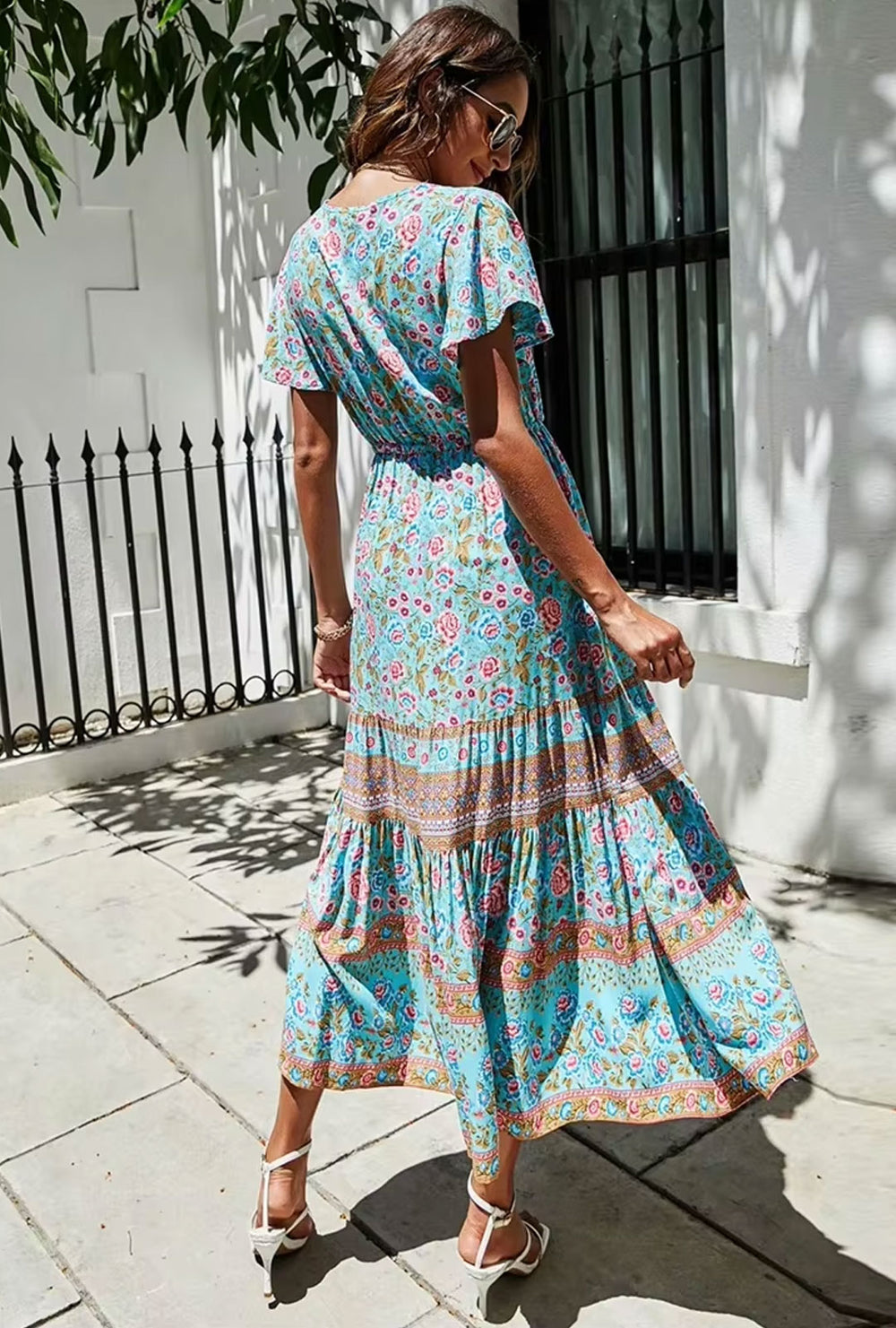 summer bohemian maxi dresses Bohemian Dresses Light Sky Blue Split V-Neck Short Sleeves Floral Print Boho  Long Dress