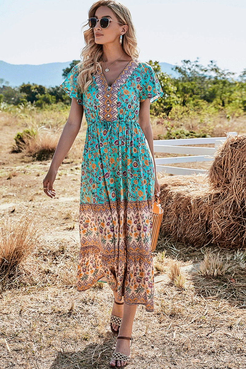 Boho Maxi Dress – Summer Dress – 'Seabreeze Bloom' Sundress in Green, Pink & Blue Pink / L