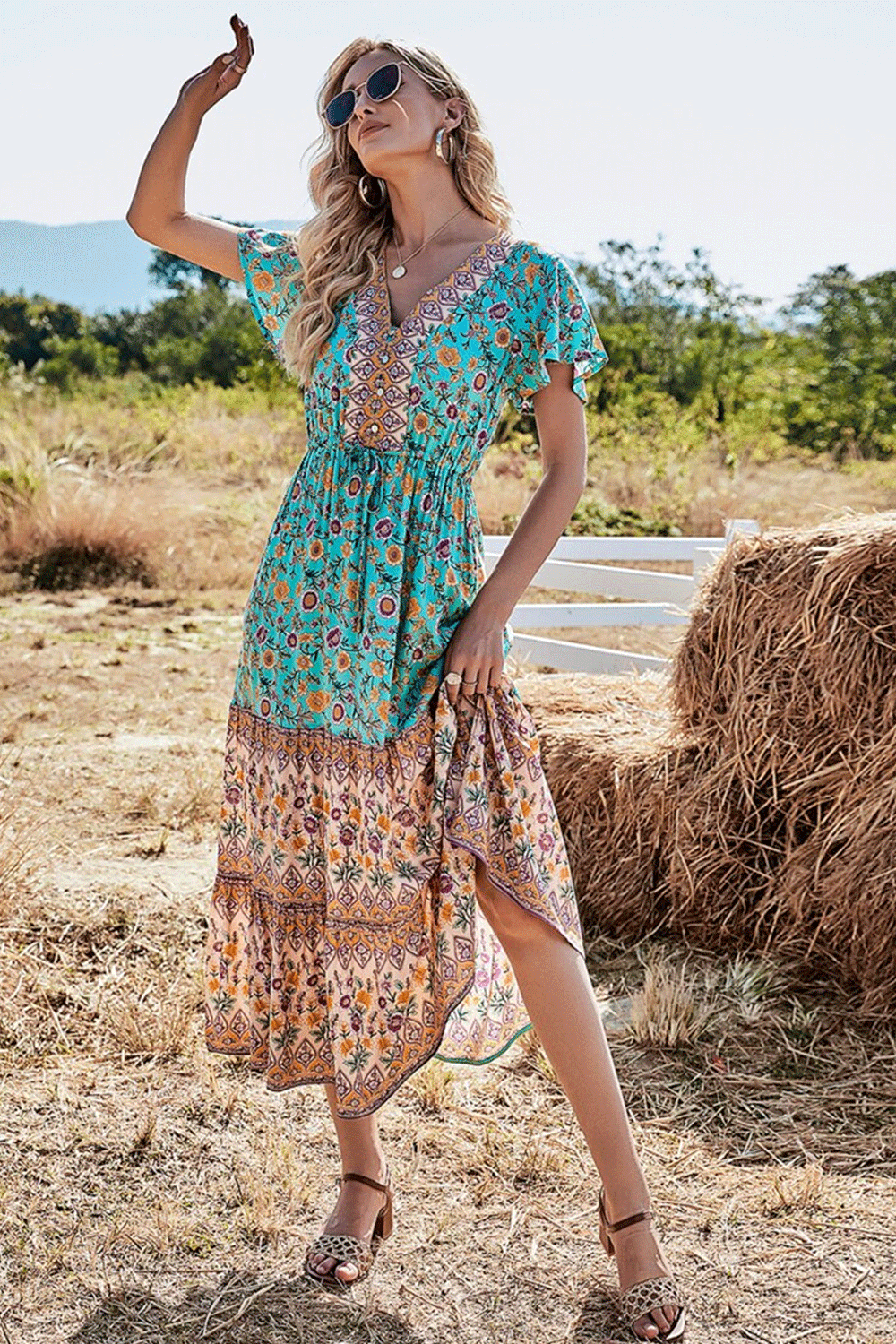 Boho Maxi Dress – Summer Dress – 'Seabreeze Bloom' Sundress in Blue, Pink & Green” light blue / M