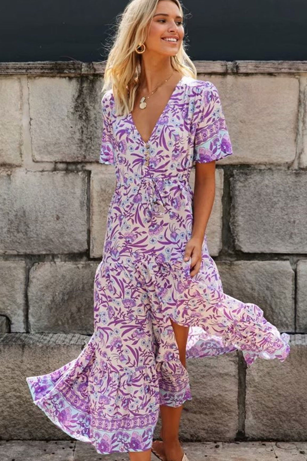 Boho Maxi Dress Wild Floral in Purple Lavender Flowy Sundress for Women pink / M Boho Maxi Dress Wild Floral in Purple Lavender Flowy Sundress for Women pink / M