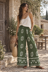 Boho Pant – Hippies Palazzo Pant, Casual Green Tribal Print Pants for Women
