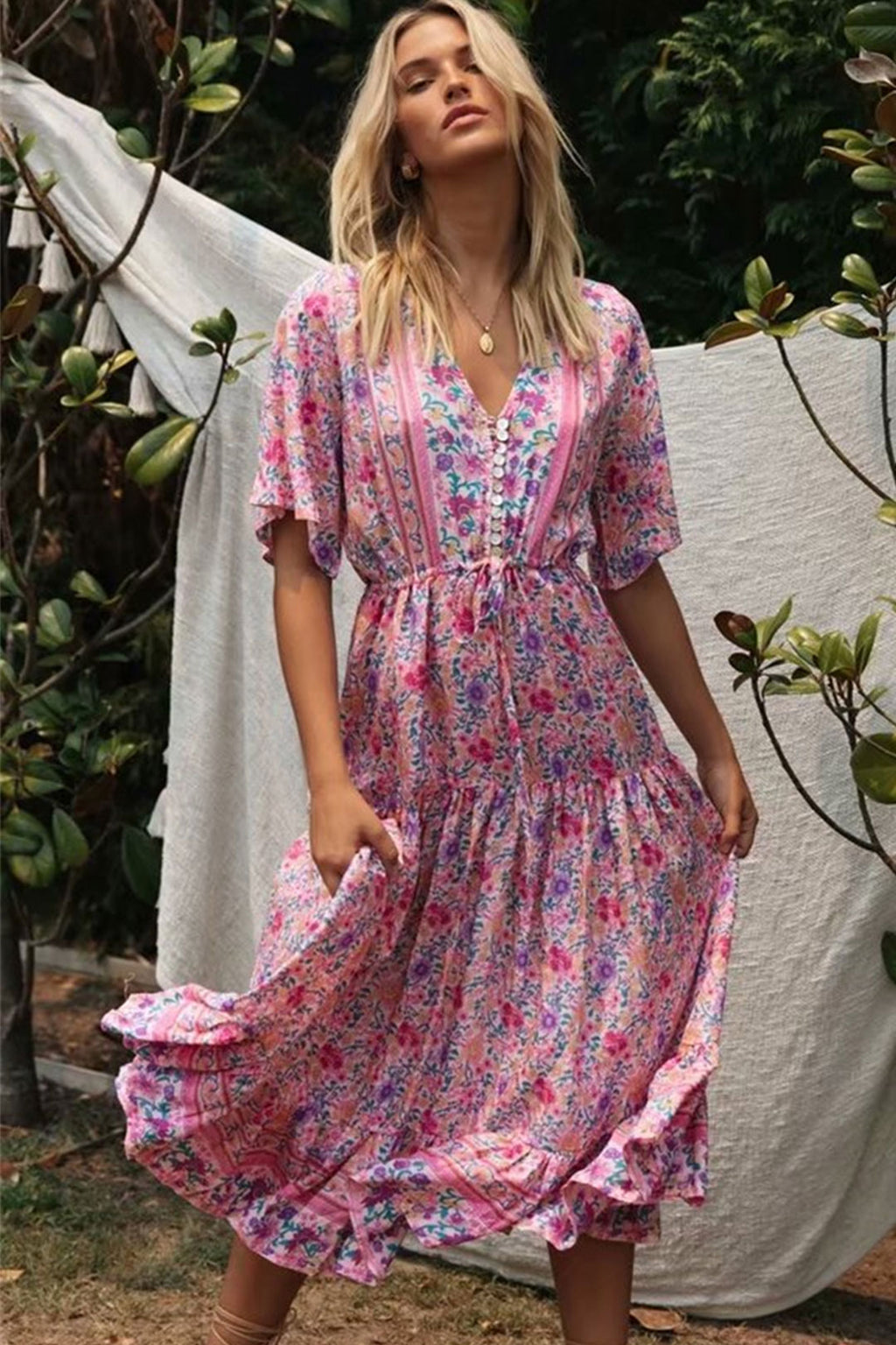 Boho Maxi Dress – “Wild Floral in Pink” Flowy Sundress for Women, pink / S