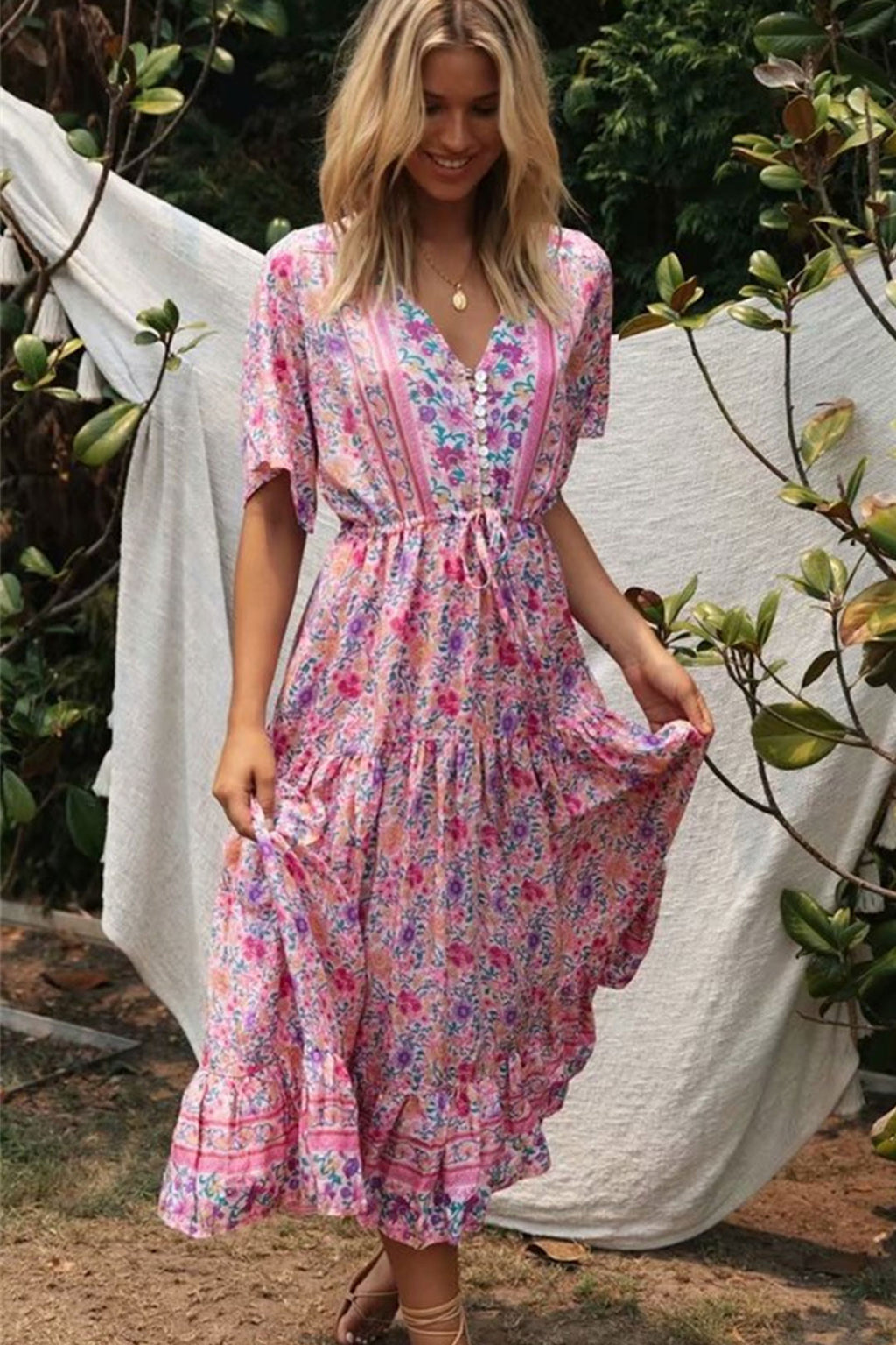 Dina's Vintage, Boho, Stylish, Trendy, Rayon, Floral, Printed, Long, Bohemian Dress Pink / S Dina's Vintage, Boho, Stylish, Trendy, Rayon, Floral, Printed, Long, Bohemian Dress Pink / S