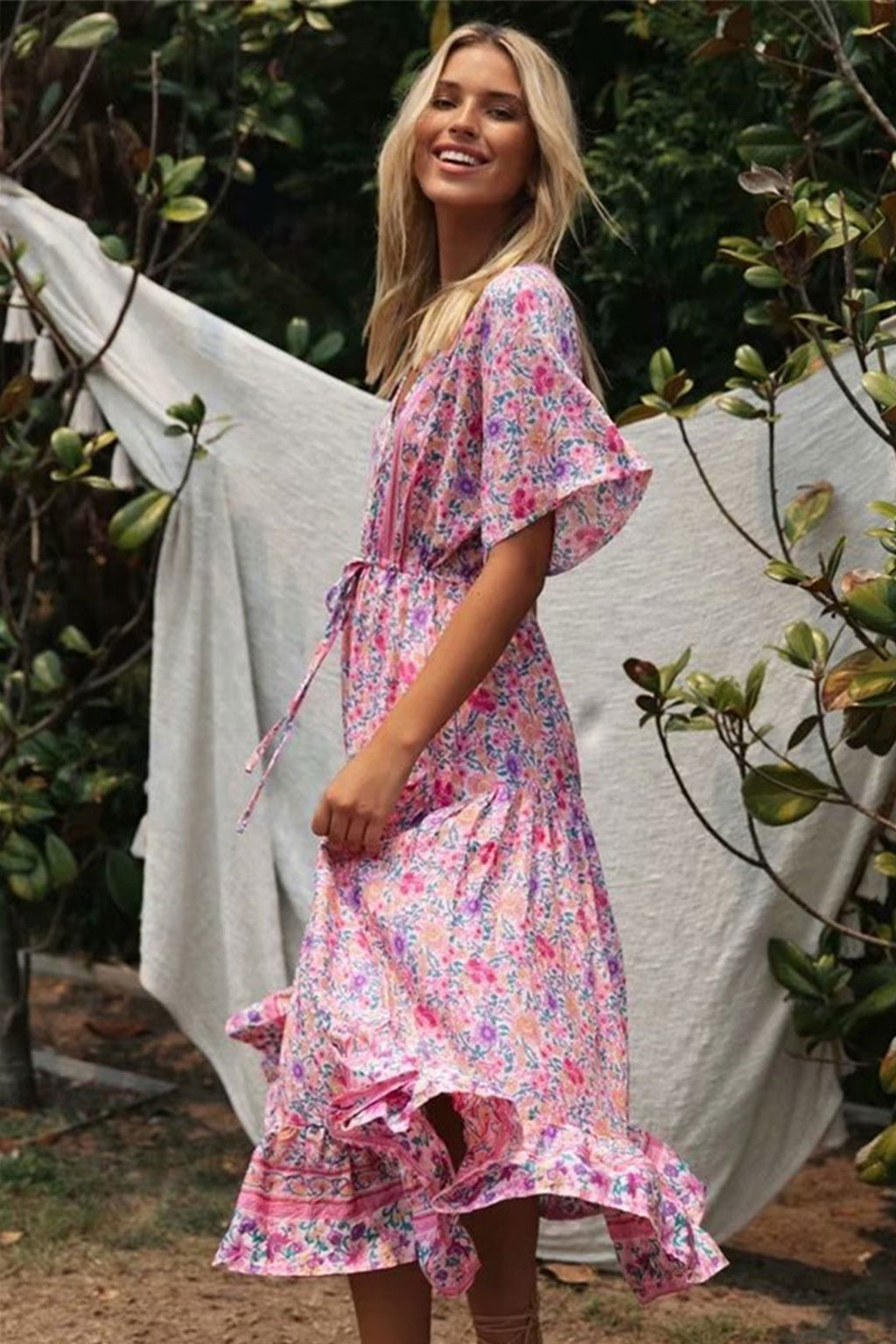 Boho Maxi Dress Wild Floral in Pink Flowy Sundress for Women, Pink / S Boho Maxi Dress Wild Floral in Pink Flowy Sundress for Women, Pink / S