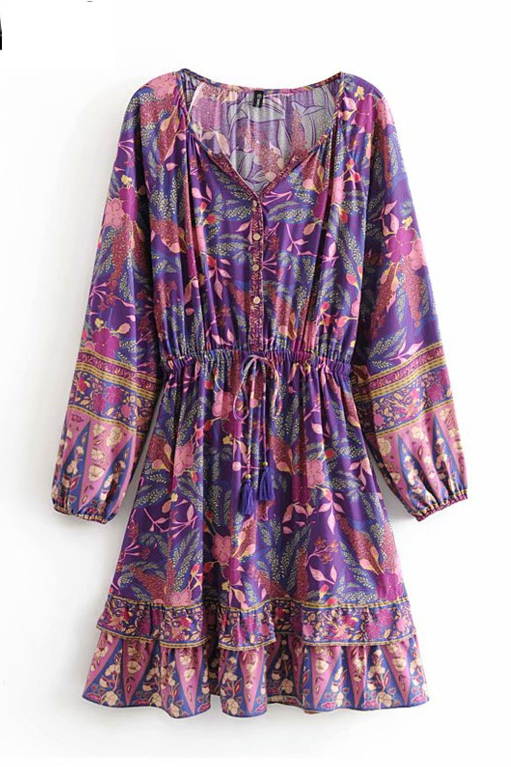 Boho Mini Dress – “Twilight Garden” Purple Floral Long Sleeve Tunic for Women, Purple / S