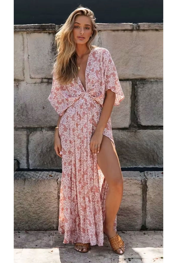 Boho Maxi Dress – “Oroslavje Wild Flora”  Floral Summer Dress in Blush Pink and Mustard