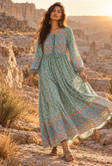 Desert Heirloom turquoise floral long-sleeve maxi gown, AI-generated model, editorial movement
