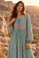 Desert Heirloom turquoise floral long-sleeve maxi gown, AI-generated model, editorial detail