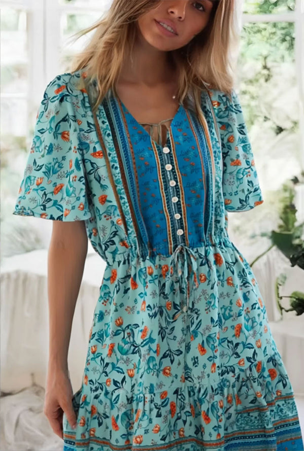 Boho Mini Dress – Blue Floral Button-Down Sundress Maeve