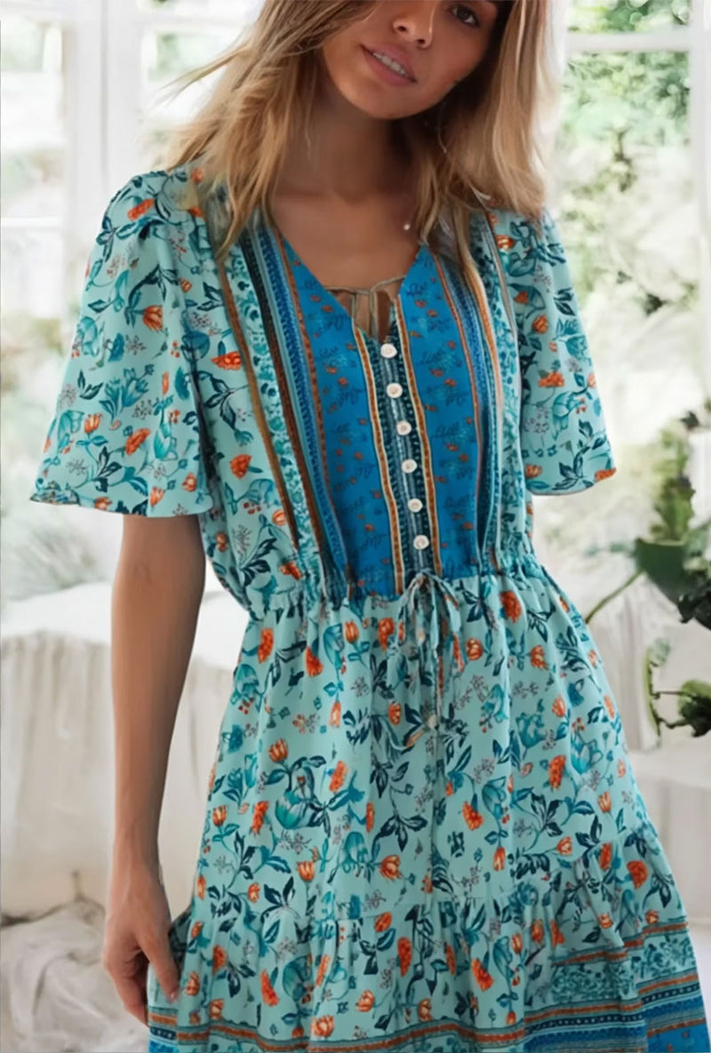 Boho Mini Dress – Blue Floral Button-Down Sundress Maeve