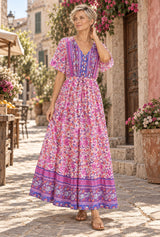 Lavender Reverie purple-pink floral maxi dress, AI-generated model, editorial hero