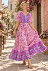 Lavender Reverie purple-pink floral maxi dress, AI-generated model, editorial movement
